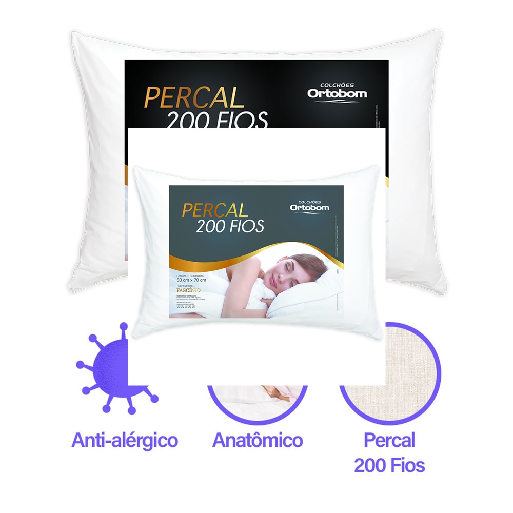 Travesseiro Ortobom Fascínio Percal 200 Fios Silicone Extra Macio 70x50cm