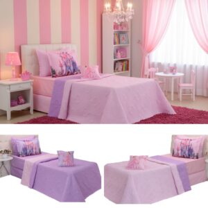 Kit 4 Pçs Cobre Leito Colcha Solteiro Infantil e Juvenil Reino Encantado Dupla Face Matelassado e Estampa Digital