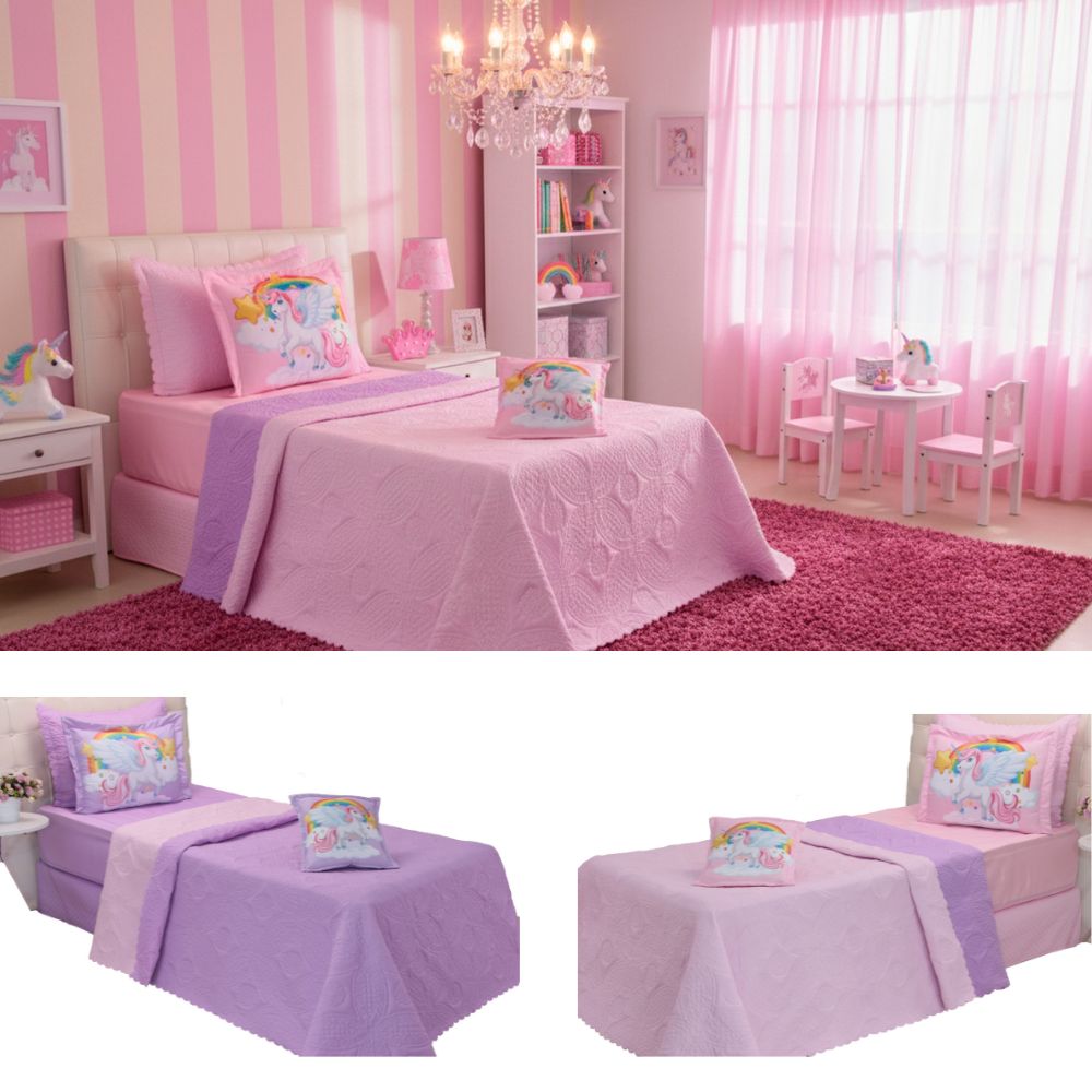 Kit 4 Pçs Cobre Leito Colcha Solteiro Infantil e Juvenil Sonho Dupla Face Matelassado e Estampa Digital