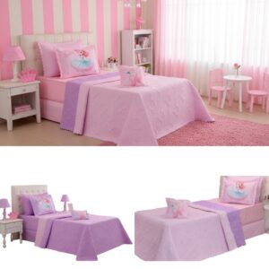 Kit 4 Pçs Cobre Leito Colcha Solteiro Infantil e Juvenil Divina Bailarina Dupla Face Matelassado e Estampa Digital